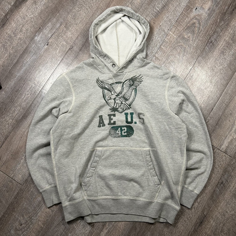 American Eagle Y2K Hoodie Sweatshirt Men's XL Gray Distressed Skater Single V